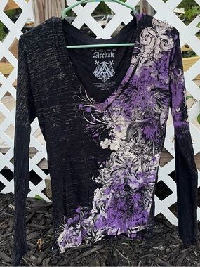 Archaic Black and Purple V-Neck Long Sleeve Graphic Tee